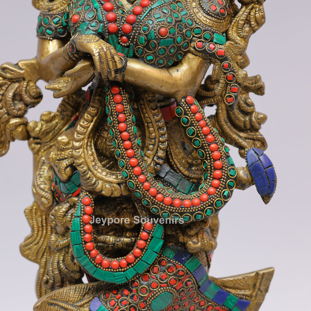 Handcrafted Brass Radha Rani Statue with Turquoise &amp; Coral Stone Inlay