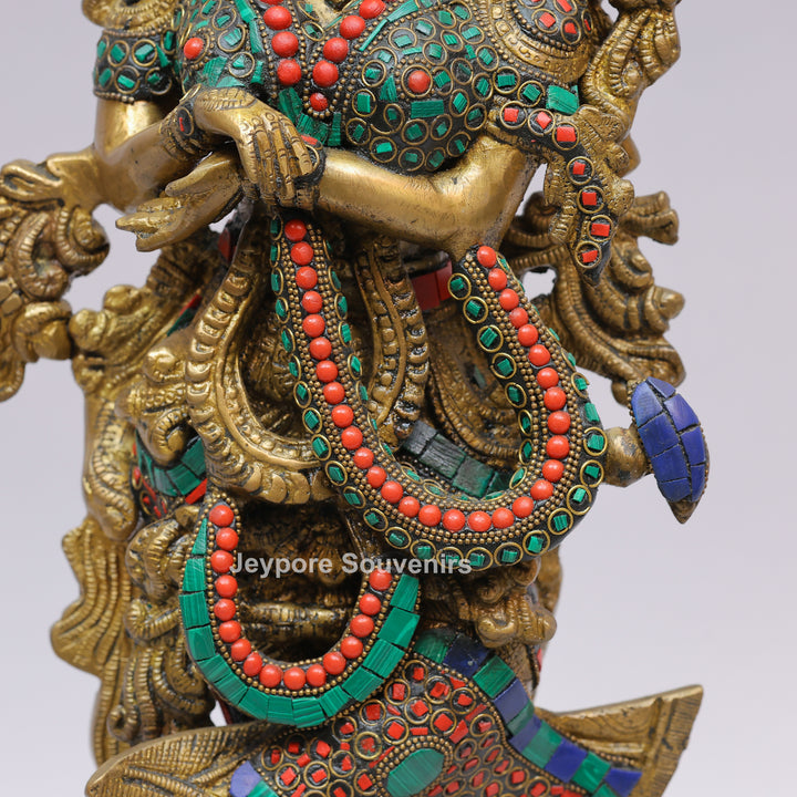 Handcrafted Brass Radha Rani Statue with Turquoise &amp; Coral Stone Inlay
