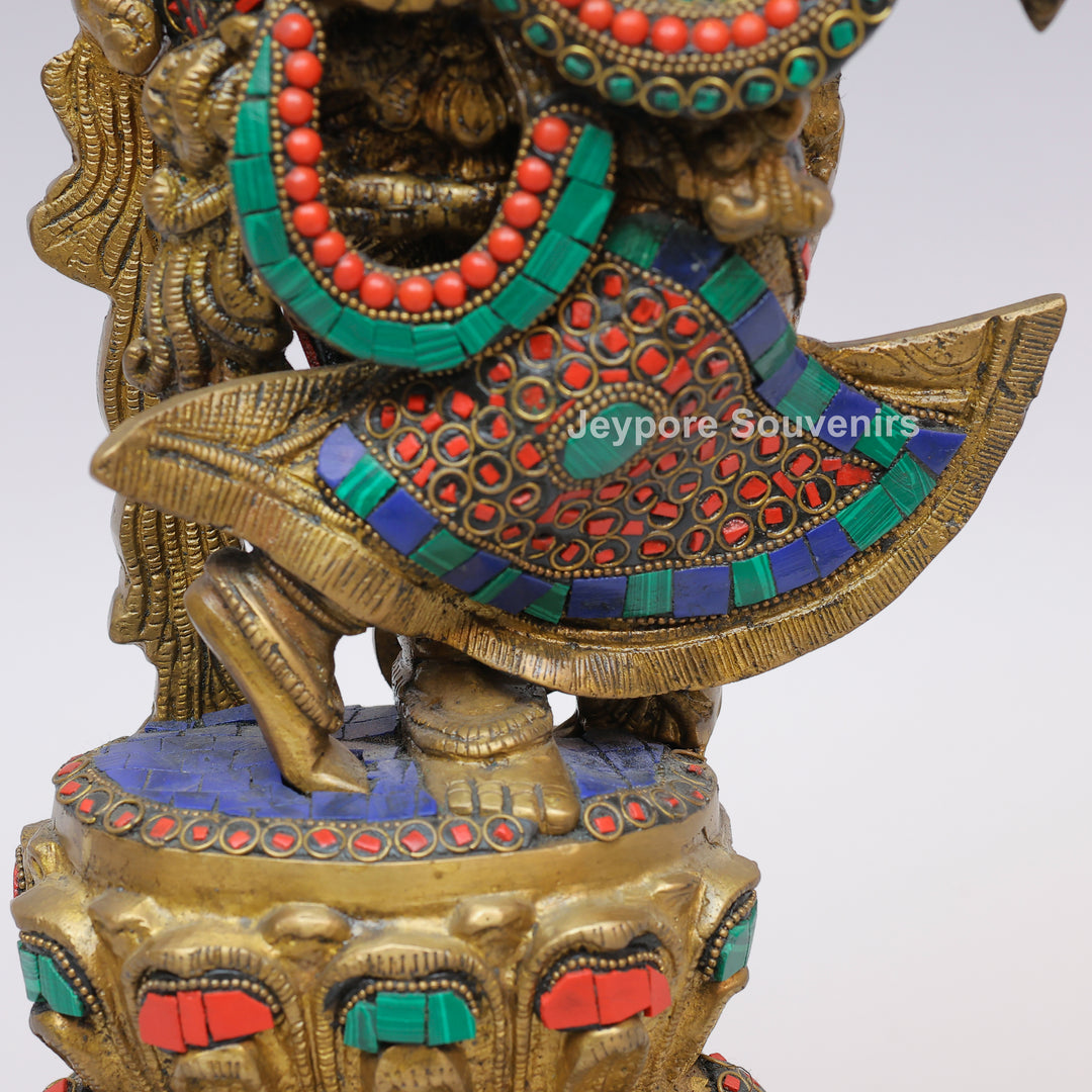 Handcrafted Brass Radha Rani Statue with Turquoise &amp; Coral Stone Inlay