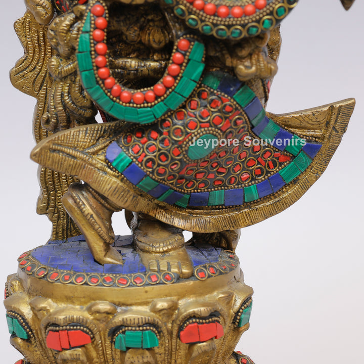 Handcrafted Brass Radha Rani Statue with Turquoise &amp; Coral Stone Inlay