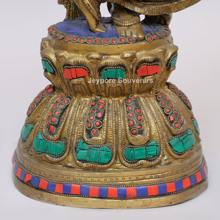 Handcrafted Brass Radha Rani Statue with Turquoise &amp; Coral Stone Inlay