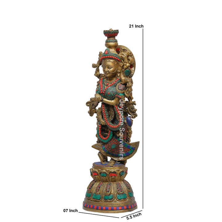 Handcrafted Brass Radha Rani Statue with Turquoise &amp; Coral Stone Inlay