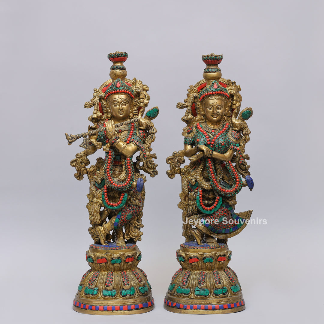 Handcrafted Brass Radha Rani Statue with Turquoise &amp; Coral Stone Inlay