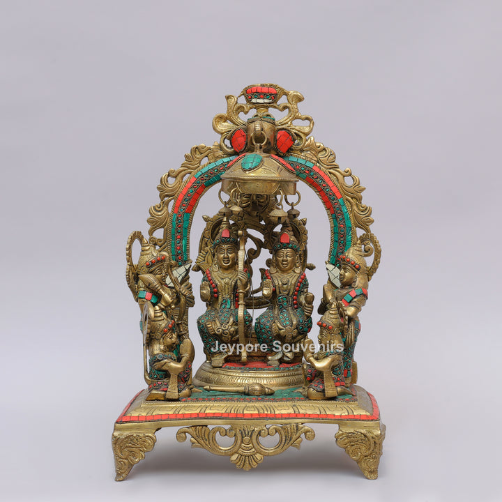 Handcrafted Brass Shri Ram Darbar Statue with Turquoise &amp; Red Stone Inlay
