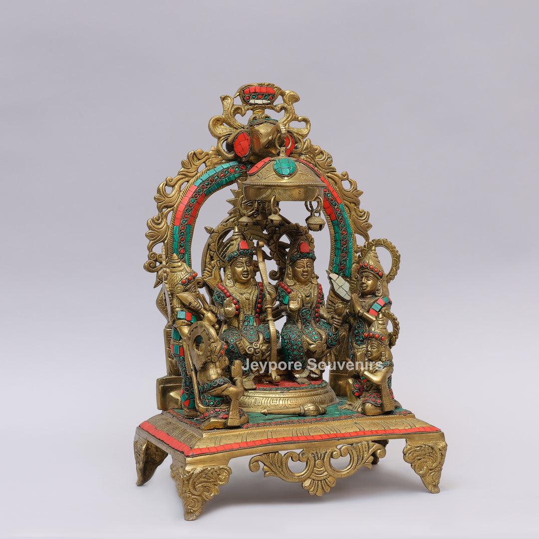 Handcrafted Brass Shri Ram Darbar Statue with Turquoise &amp; Red Stone Inlay