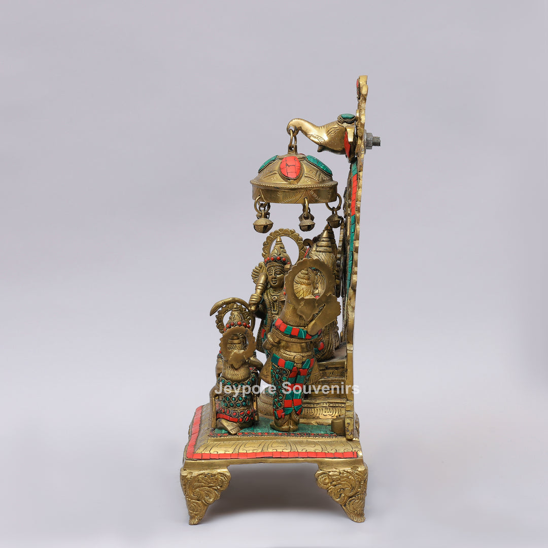 Handcrafted Brass Shri Ram Darbar Statue with Turquoise &amp; Red Stone Inlay