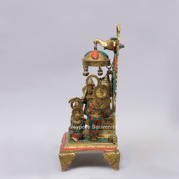 Handcrafted Brass Shri Ram Darbar Statue with Turquoise &amp; Red Stone Inlay