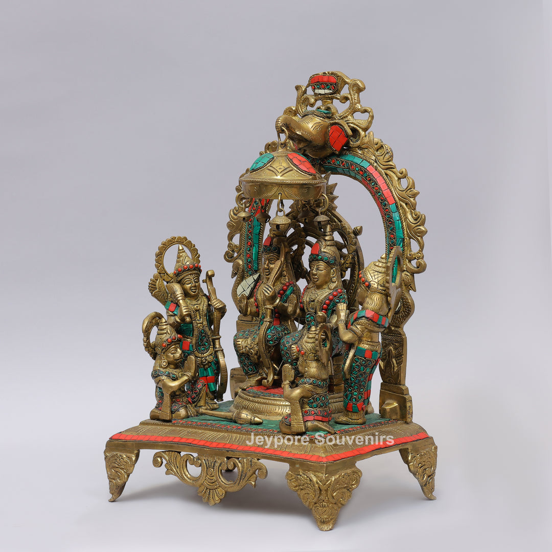 Handcrafted Brass Shri Ram Darbar Statue with Turquoise &amp; Red Stone Inlay