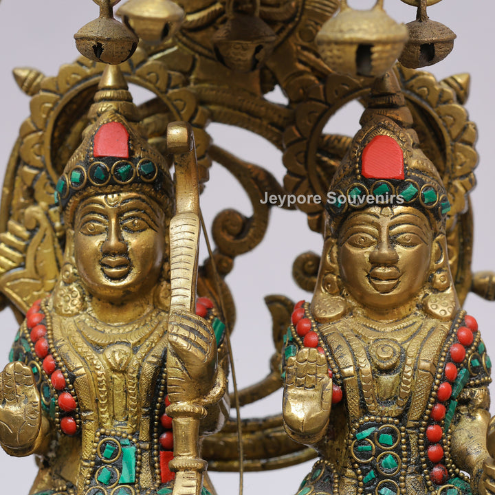 Handcrafted Brass Shri Ram Darbar Statue with Turquoise &amp; Red Stone Inlay