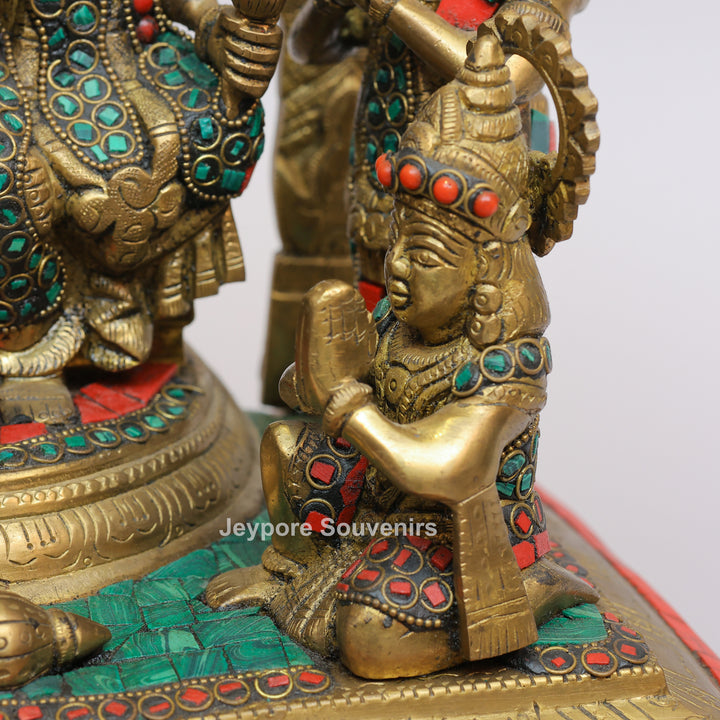 Handcrafted Brass Shri Ram Darbar Statue with Turquoise &amp; Red Stone Inlay
