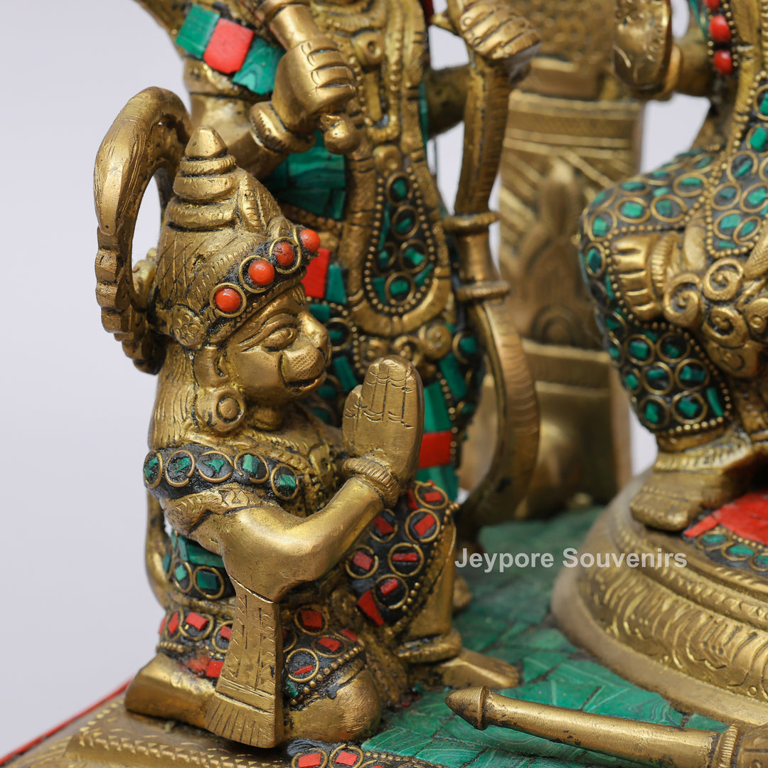 Handcrafted Brass Shri Ram Darbar Statue with Turquoise &amp; Red Stone Inlay