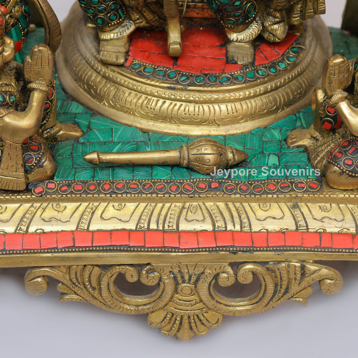 Handcrafted Brass Shri Ram Darbar Statue with Turquoise &amp; Red Stone Inlay