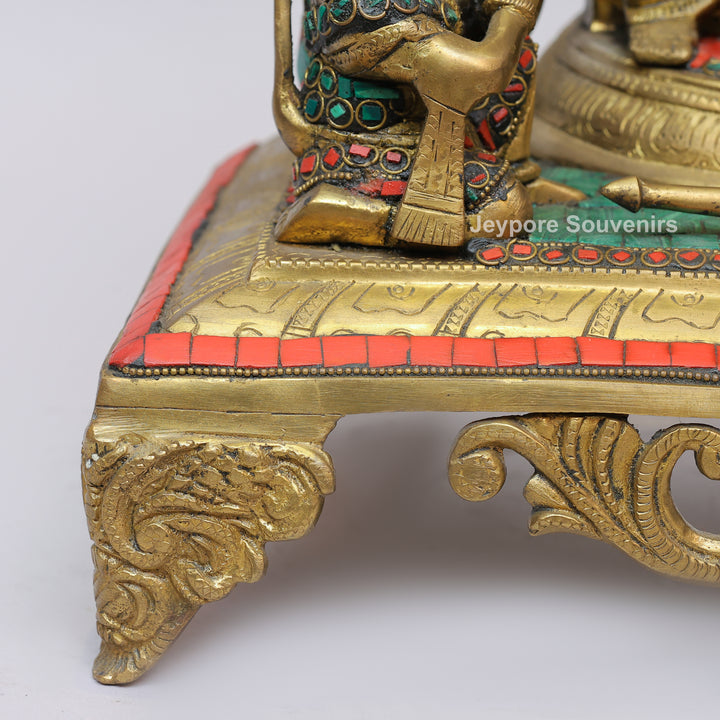 Handcrafted Brass Shri Ram Darbar Statue with Turquoise &amp; Red Stone Inlay