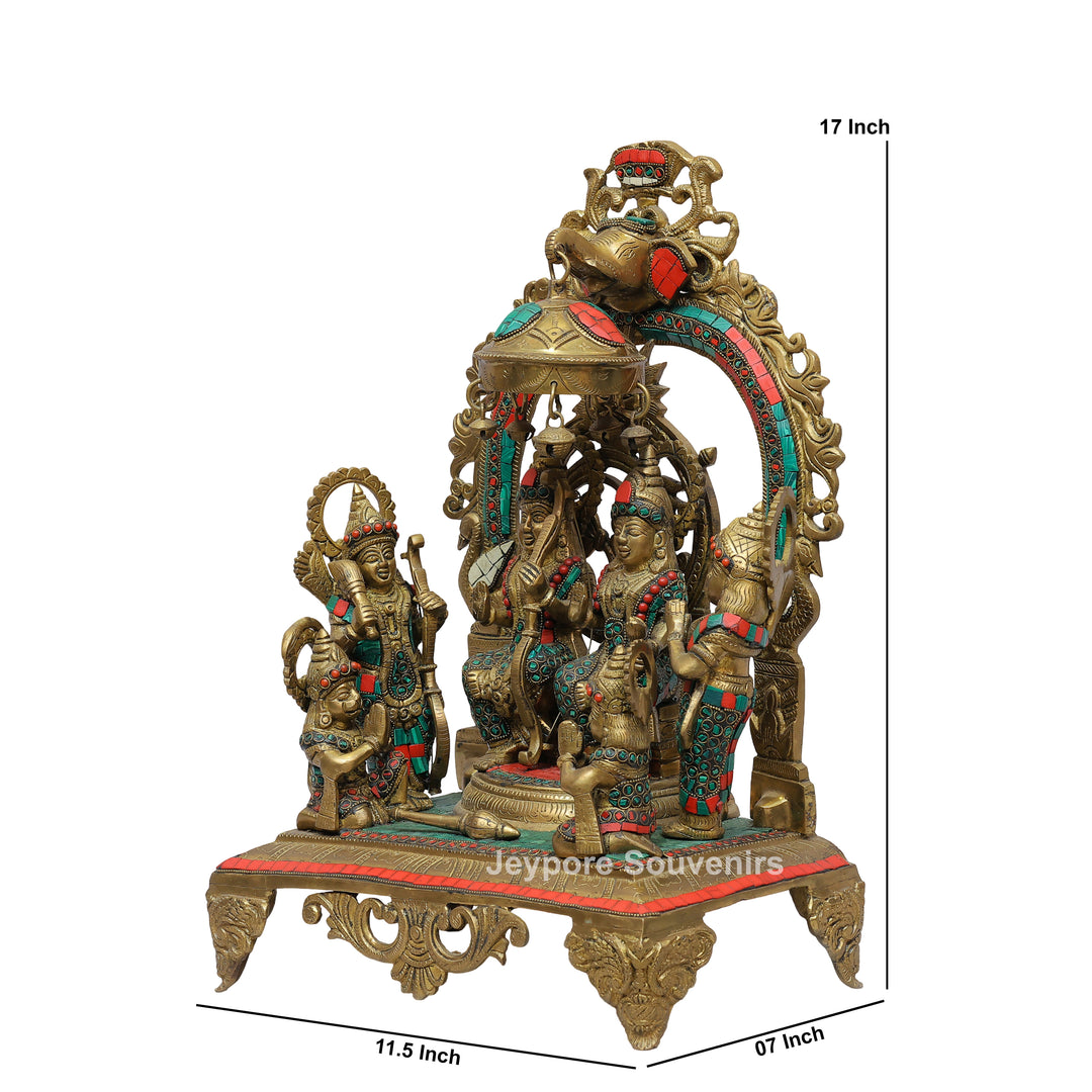 Handcrafted Brass Shri Ram Darbar Statue with Turquoise &amp; Red Stone Inlay