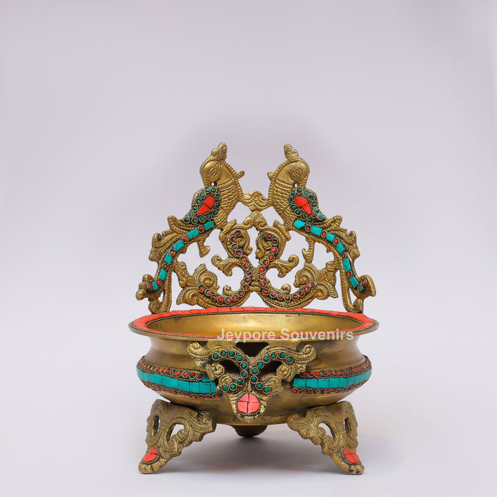 Handcrafted Brass Peacock Urli Bowl with Turquoise &amp; Red Stone Inlay