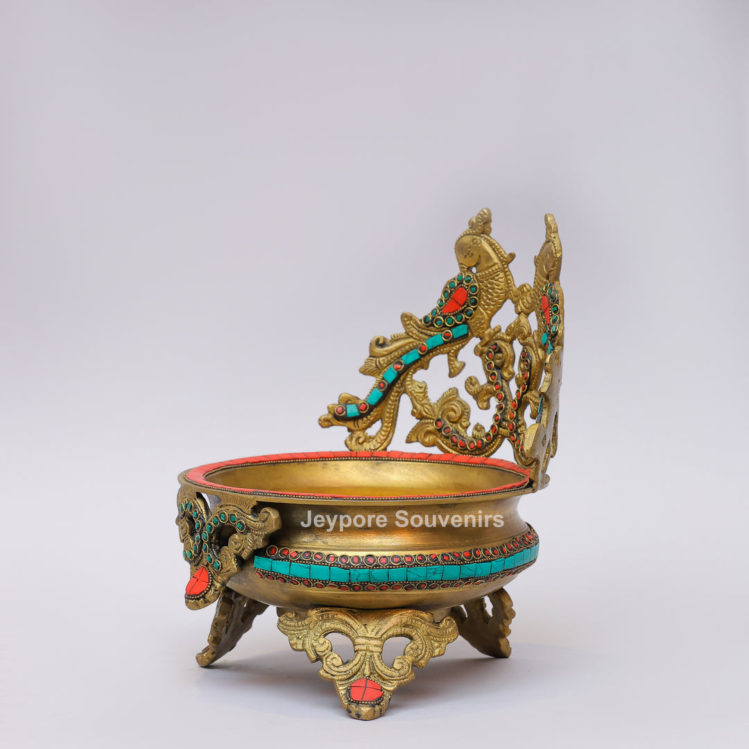 Handcrafted Brass Peacock Urli Bowl with Turquoise &amp; Red Stone Inlay