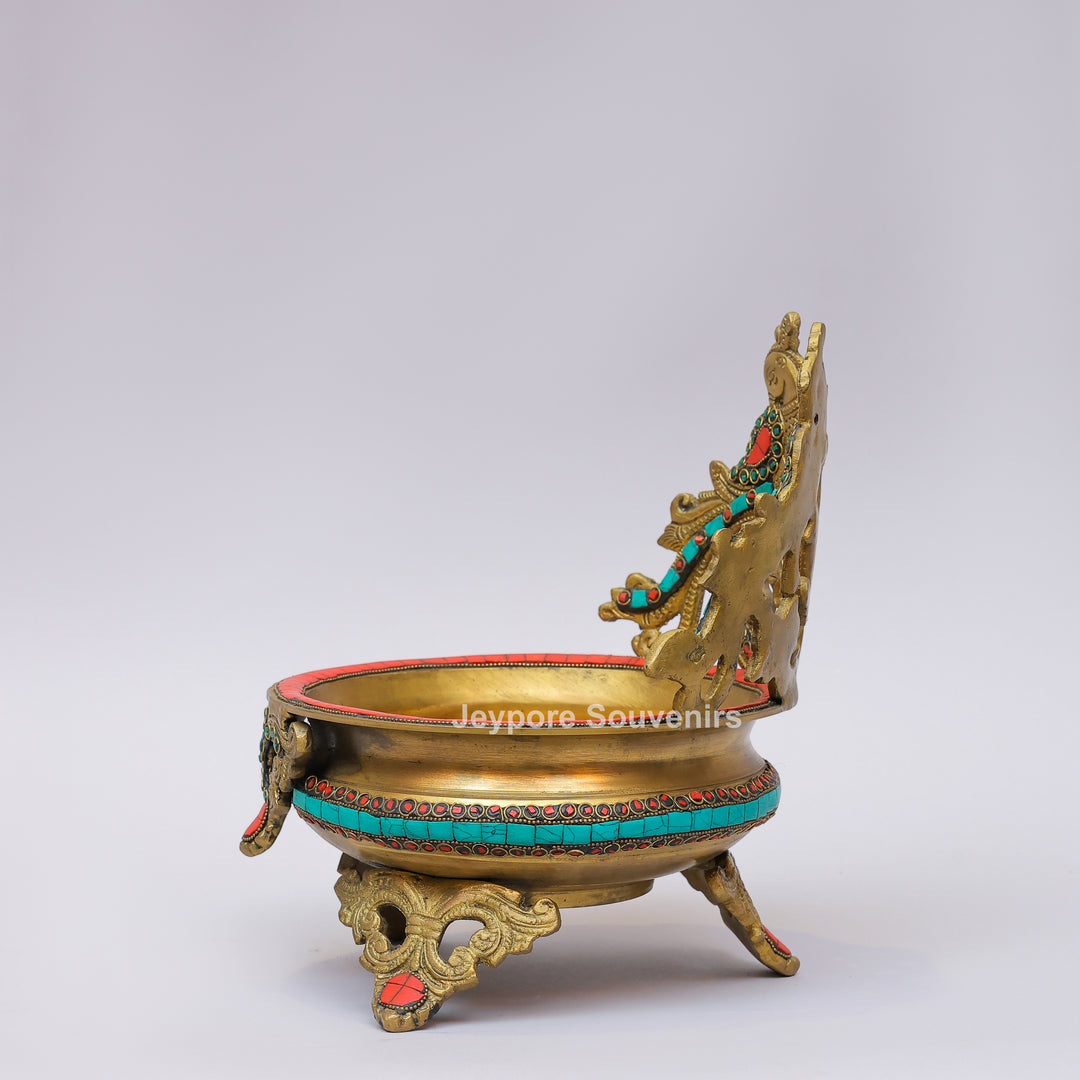 Handcrafted Brass Peacock Urli Bowl with Turquoise &amp; Red Stone Inlay