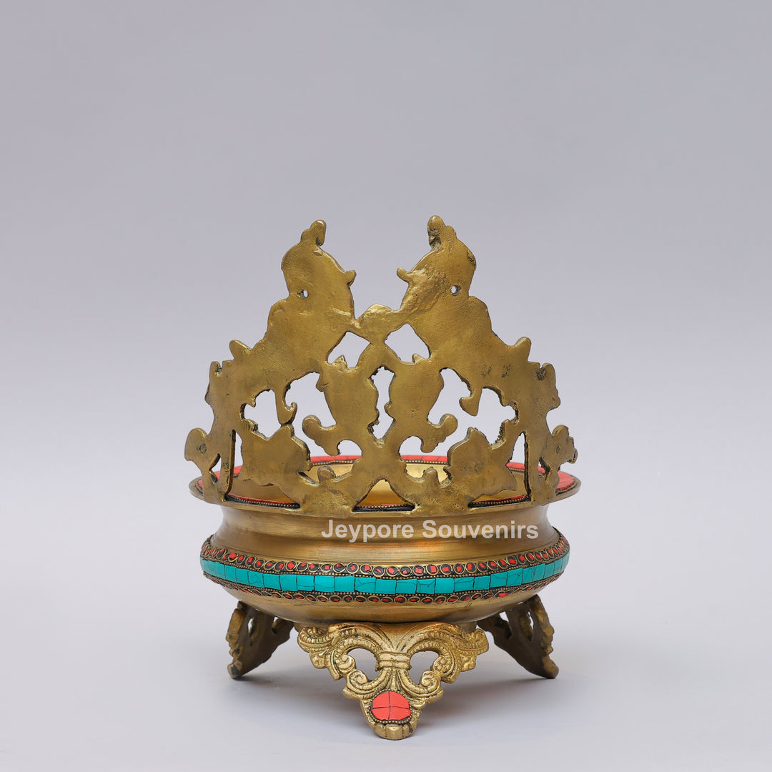 Handcrafted Brass Peacock Urli Bowl with Turquoise &amp; Red Stone Inlay