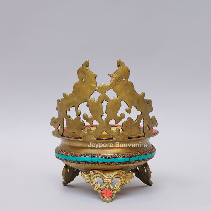 Handcrafted Brass Peacock Urli Bowl with Turquoise &amp; Red Stone Inlay