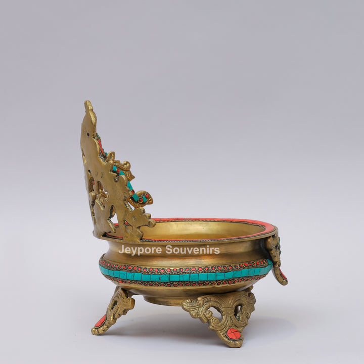 Handcrafted Brass Peacock Urli Bowl with Turquoise &amp; Red Stone Inlay