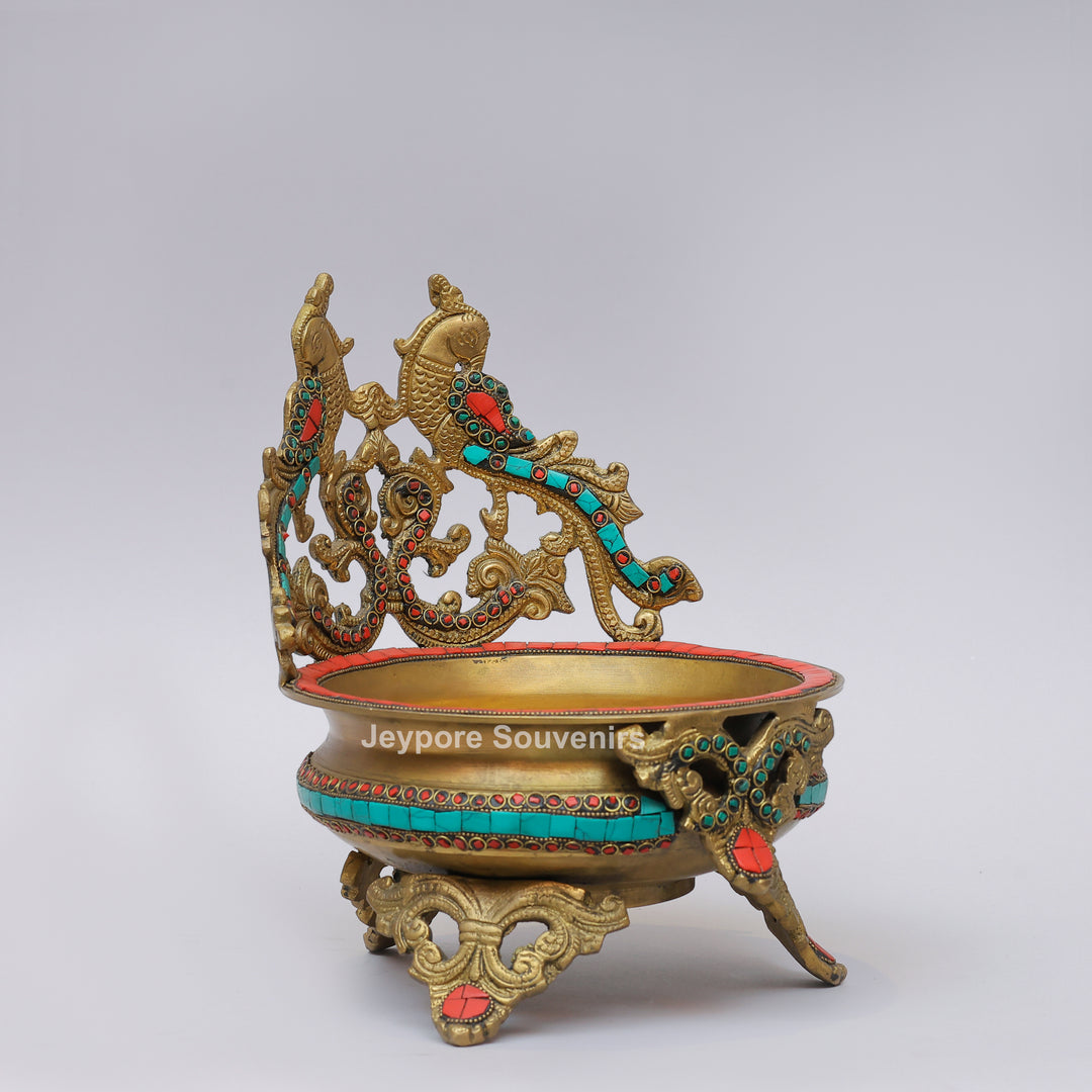 Handcrafted Brass Peacock Urli Bowl with Turquoise &amp; Red Stone Inlay