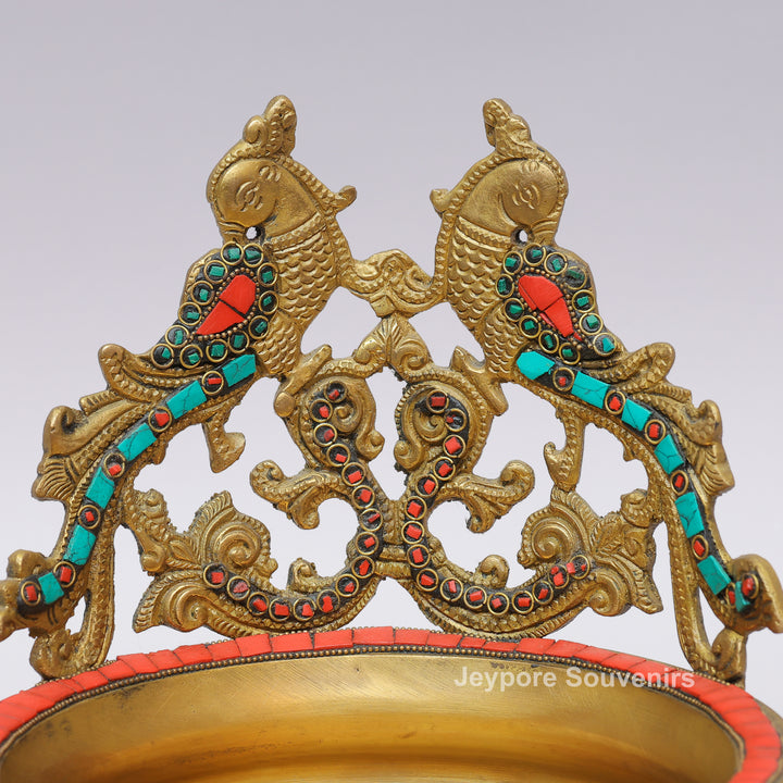 Handcrafted Brass Peacock Urli Bowl with Turquoise &amp; Red Stone Inlay