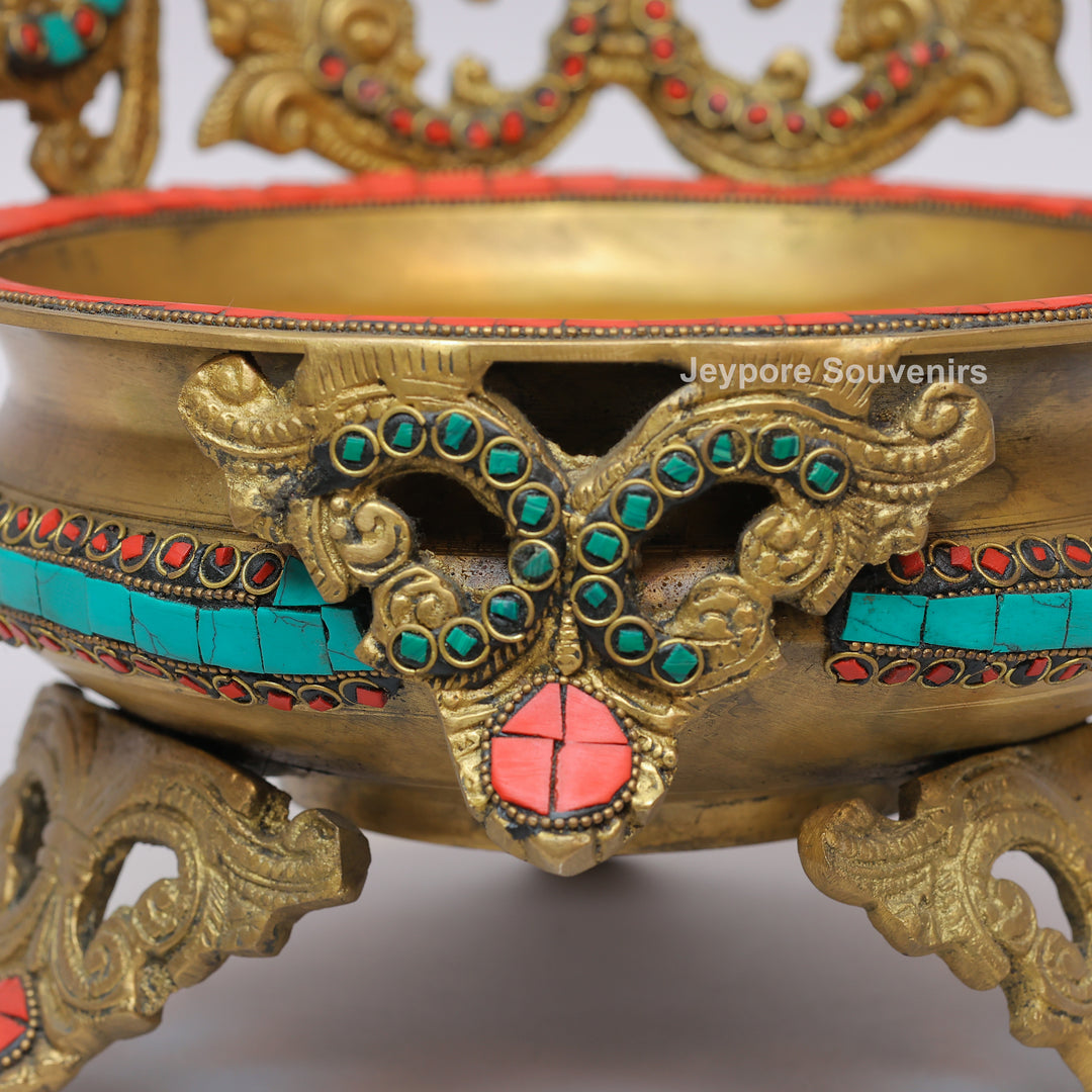 Handcrafted Brass Peacock Urli Bowl with Turquoise &amp; Red Stone Inlay