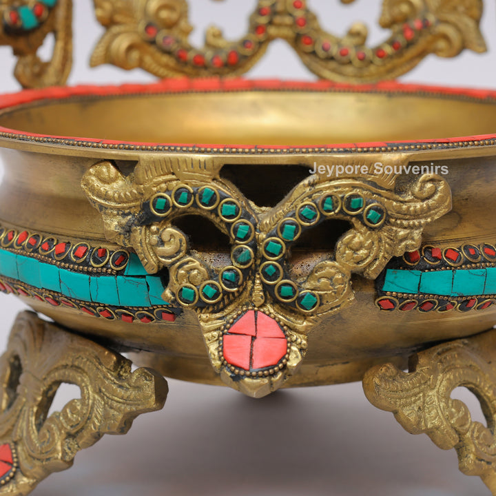 Handcrafted Brass Peacock Urli Bowl with Turquoise &amp; Red Stone Inlay