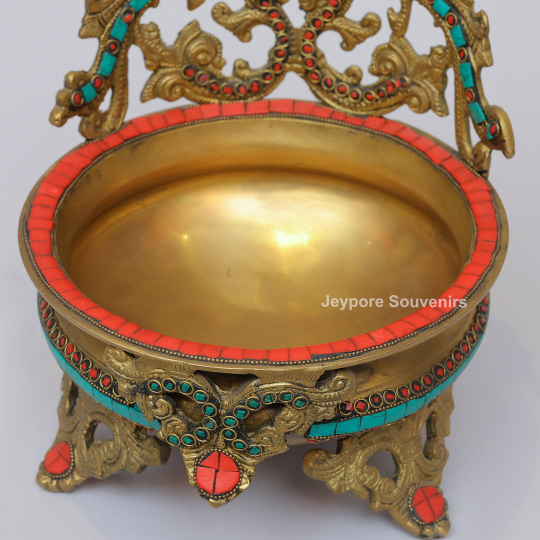 Handcrafted Brass Peacock Urli Bowl with Turquoise &amp; Red Stone Inlay
