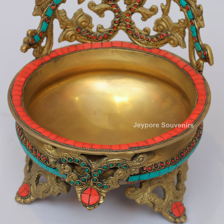 Handcrafted Brass Peacock Urli Bowl with Turquoise &amp; Red Stone Inlay
