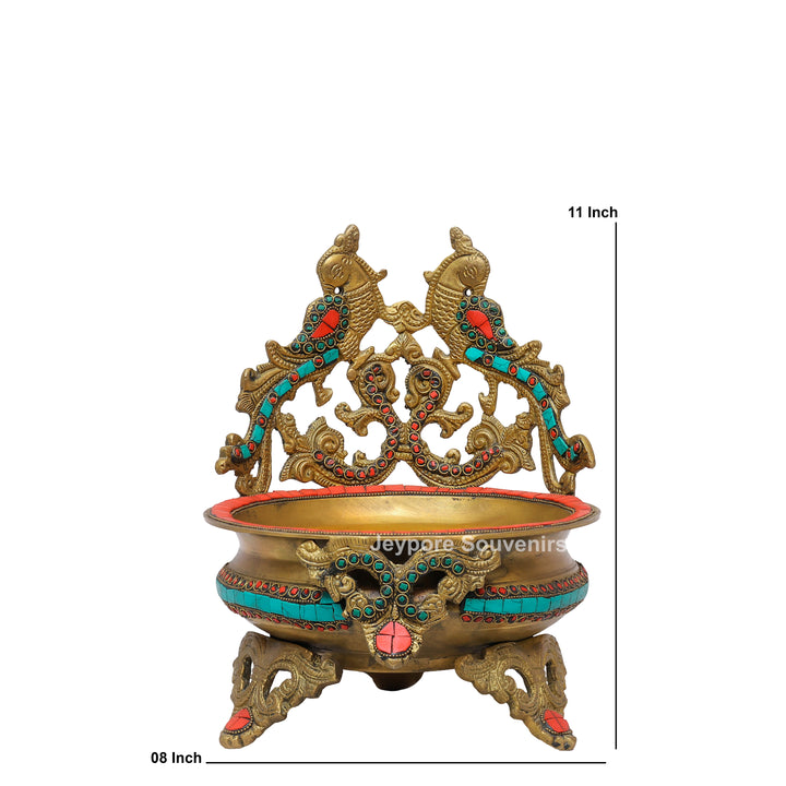 Handcrafted Brass Peacock Urli Bowl with Turquoise &amp; Red Stone Inlay