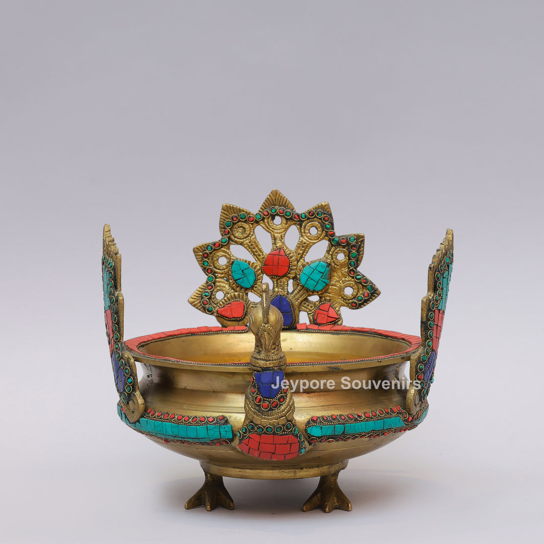 Handcrafted Brass Peacock Urli Bowl with Multicolor Gemstone Inlay