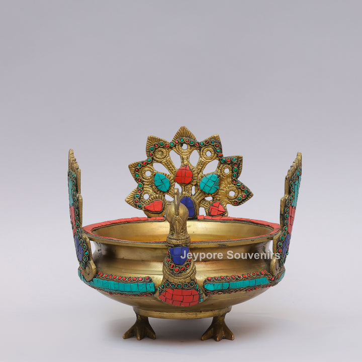 Handcrafted Brass Peacock Urli Bowl with Multicolor Gemstone Inlay