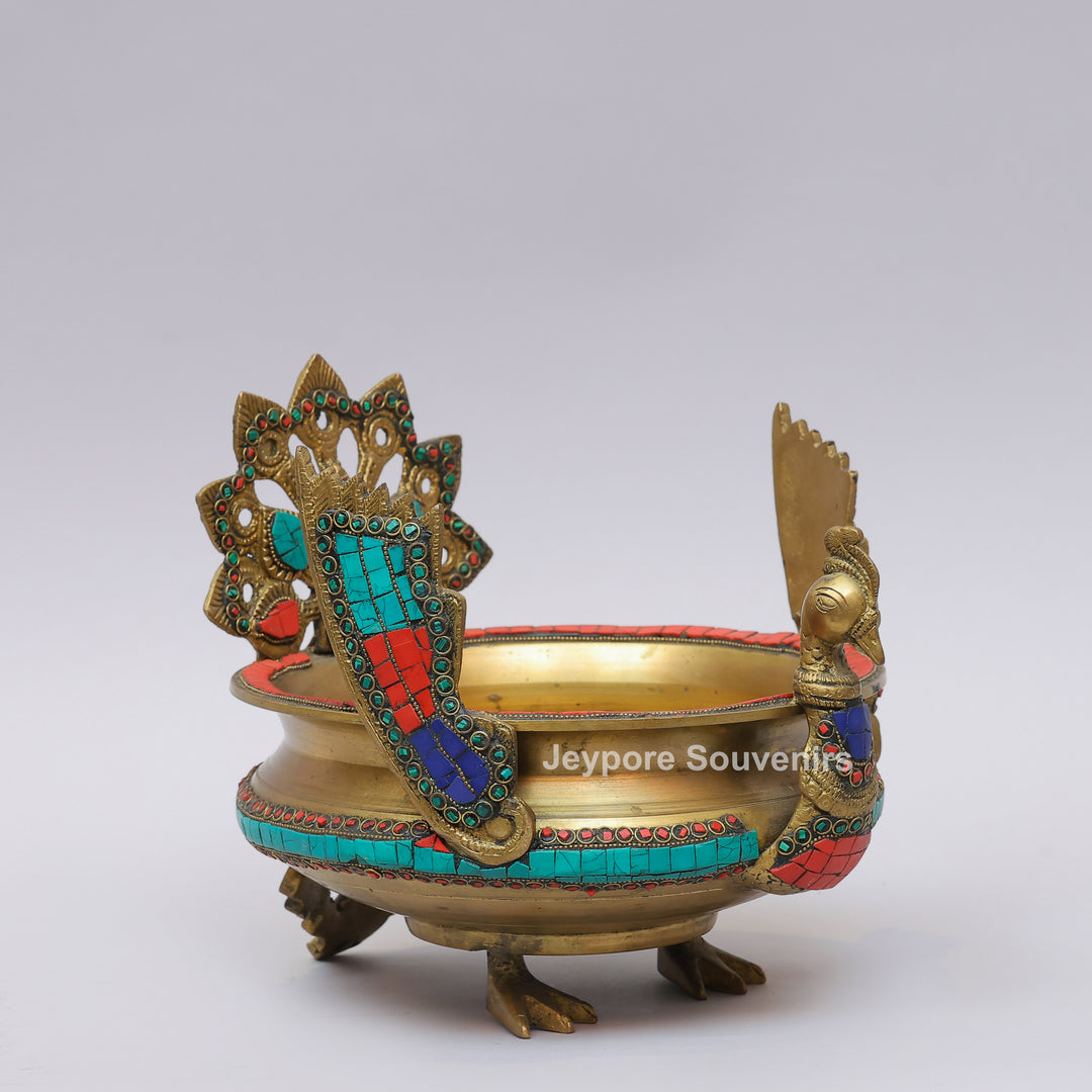 Handcrafted Brass Peacock Urli Bowl with Multicolor Gemstone Inlay