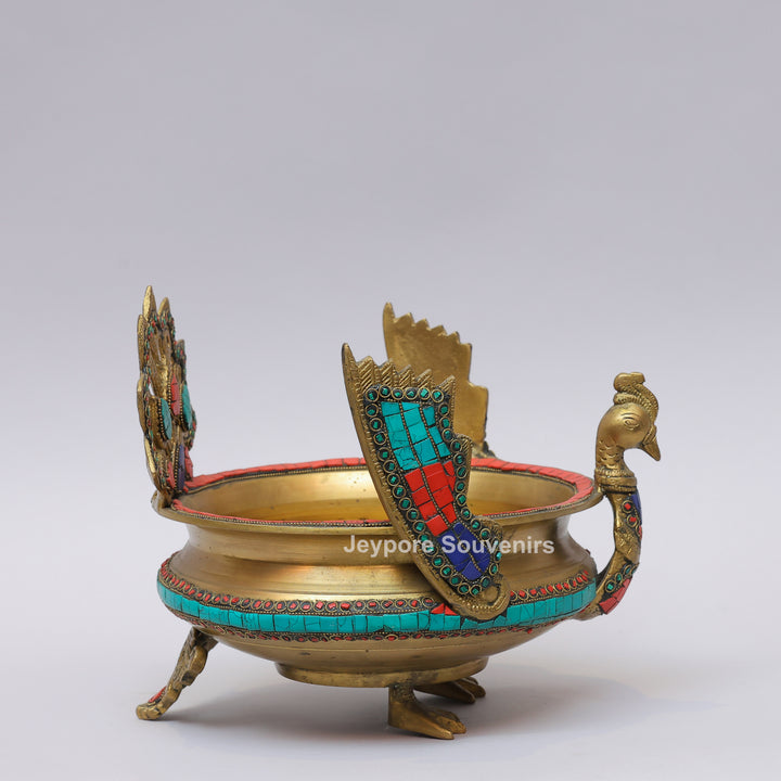 Handcrafted Brass Peacock Urli Bowl with Multicolor Gemstone Inlay