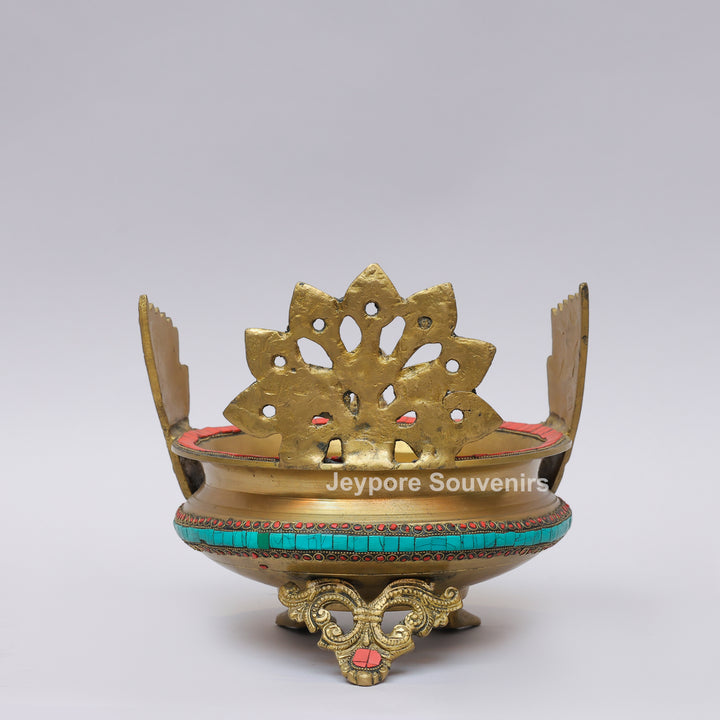 Handcrafted Brass Peacock Urli Bowl with Multicolor Gemstone Inlay