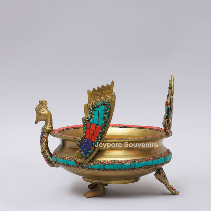 Handcrafted Brass Peacock Urli Bowl with Multicolor Gemstone Inlay