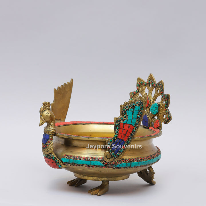 Handcrafted Brass Peacock Urli Bowl with Multicolor Gemstone Inlay