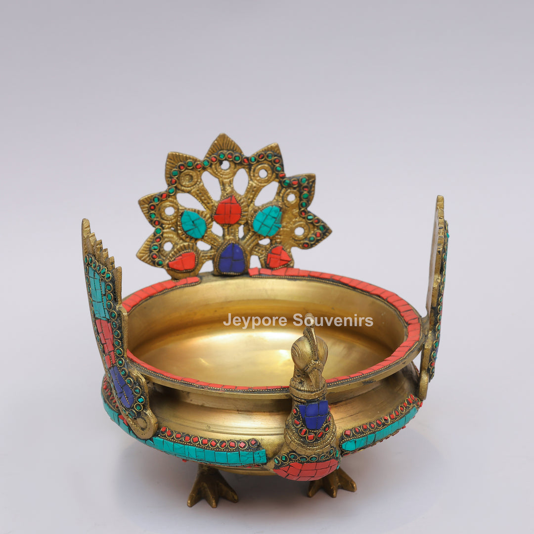 Handcrafted Brass Peacock Urli Bowl with Multicolor Gemstone Inlay