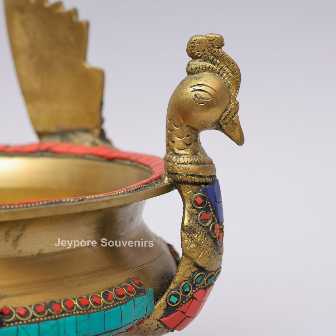 Handcrafted Brass Peacock Urli Bowl with Multicolor Gemstone Inlay