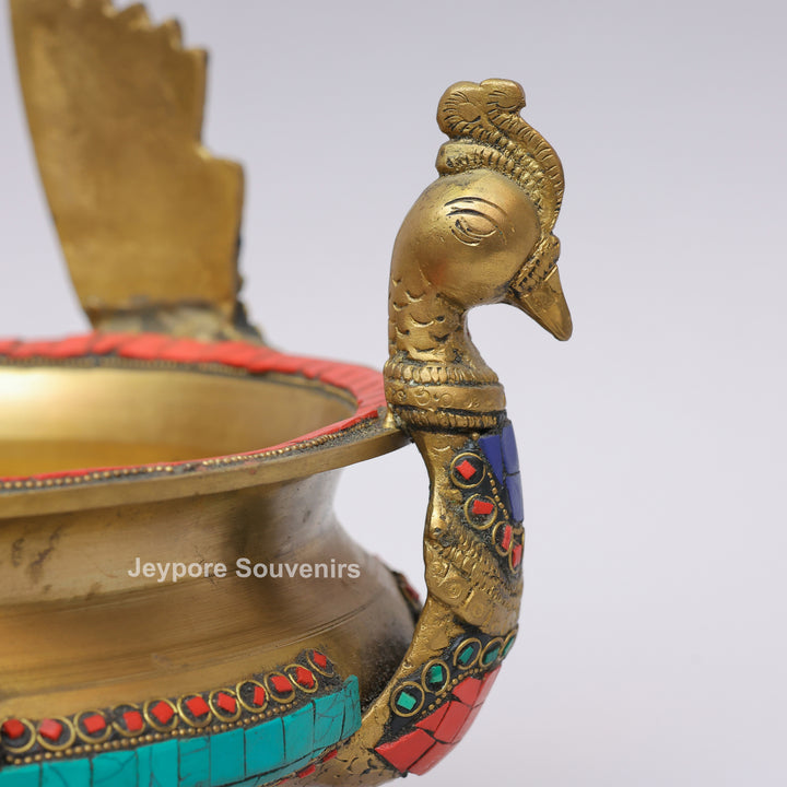 Handcrafted Brass Peacock Urli Bowl with Multicolor Gemstone Inlay