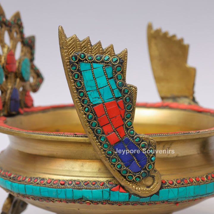 Handcrafted Brass Peacock Urli Bowl with Multicolor Gemstone Inlay