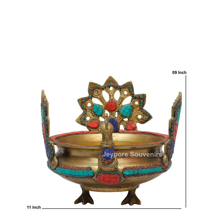 Handcrafted Brass Peacock Urli Bowl with Multicolor Gemstone Inlay