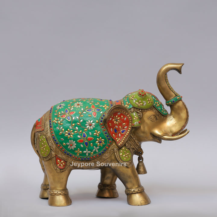 Handcrafted Brass Elephant Statue with Multicolor Gemstone &amp; Stone Inlay