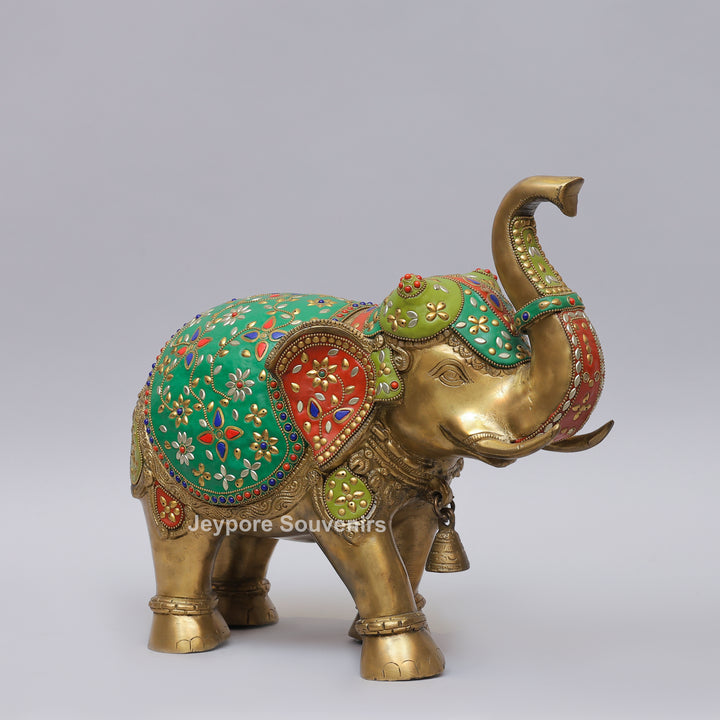 Handcrafted Brass Elephant Statue with Multicolor Gemstone &amp; Stone Inlay