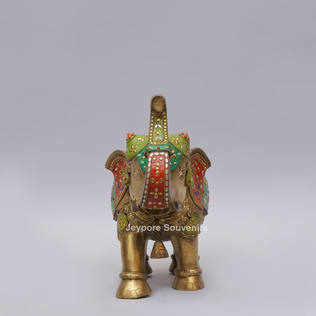 Handcrafted Brass Elephant Statue with Multicolor Gemstone &amp; Stone Inlay