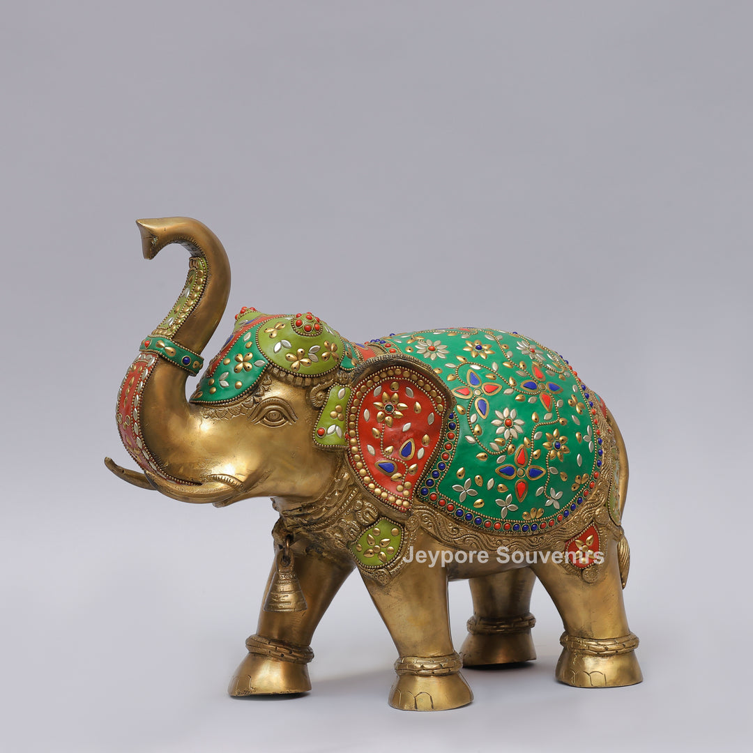Handcrafted Brass Elephant Statue with Multicolor Gemstone &amp; Stone Inlay