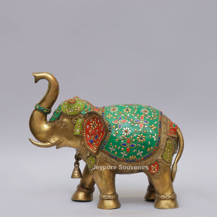Handcrafted Brass Elephant Statue with Multicolor Gemstone &amp; Stone Inlay