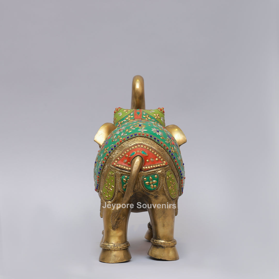 Handcrafted Brass Elephant Statue with Multicolor Gemstone &amp; Stone Inlay