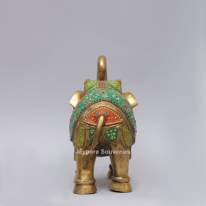 Handcrafted Brass Elephant Statue with Multicolor Gemstone &amp; Stone Inlay